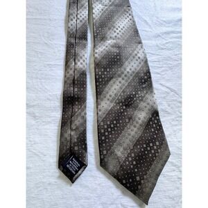 David Taylor Mens Silk Necktie Brown Taupe Silver Diagonal Geometric Stripe Tie